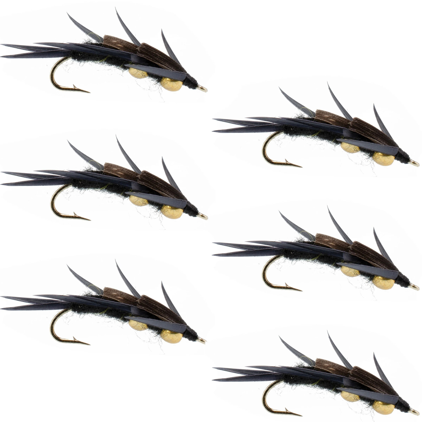 Double Bead Black Stone Fly with Black Biot Legs - 6 Flies Hook Size 12