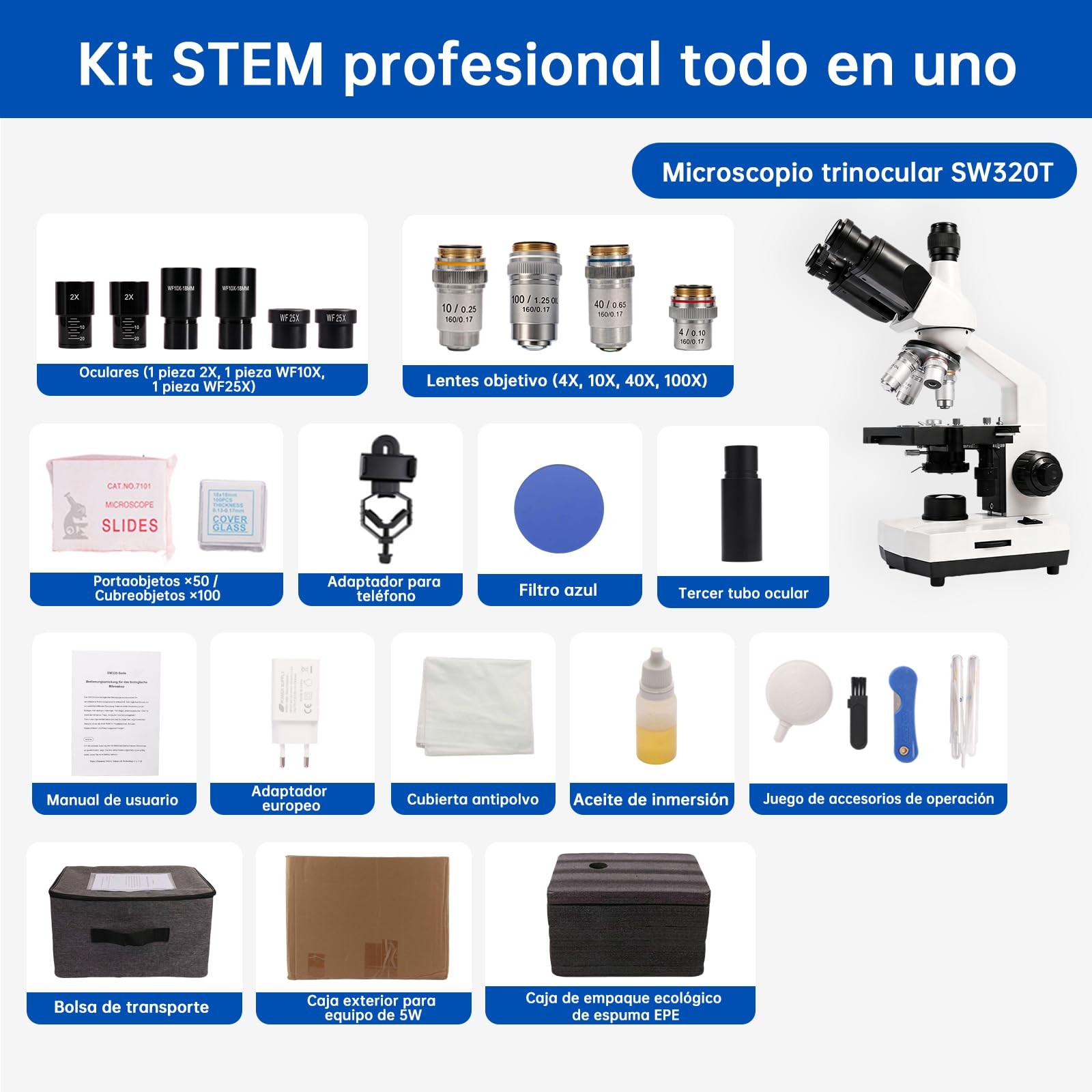 SWIFT SW320T 40X-5000X Trinocular Microscope with 2MP Camera, Black,White