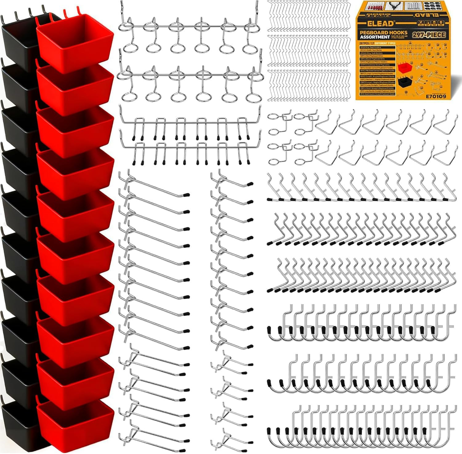 297 Piece Pegboard Hooks Kit Organizer Accessories with Bins Storage Set