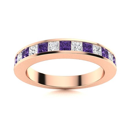 3mm Princess Cut Amethyst Ring 925 Silver Rose Plated Channel Set Wedding Band