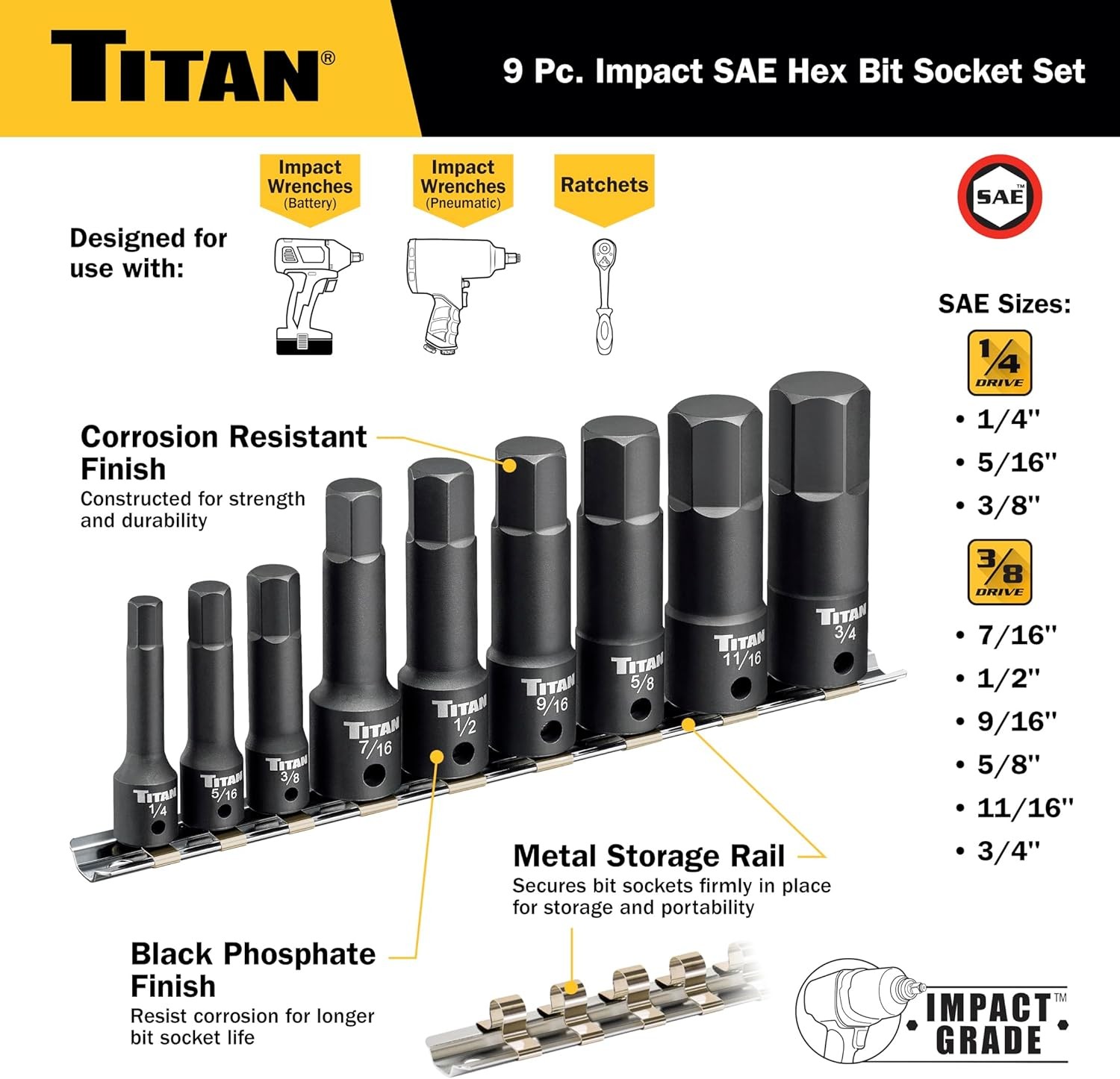 Titan Tools 9-Piece Impact SAE Hex Bit Socket Set (49010)