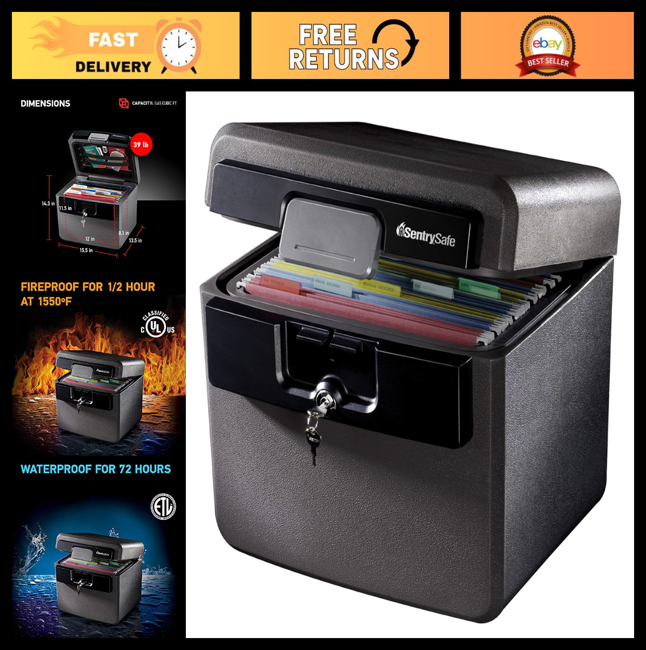 Fireproof Waterproof Safe for Documents & Files, Key Lock, 14.3x15.5x13.5" Box