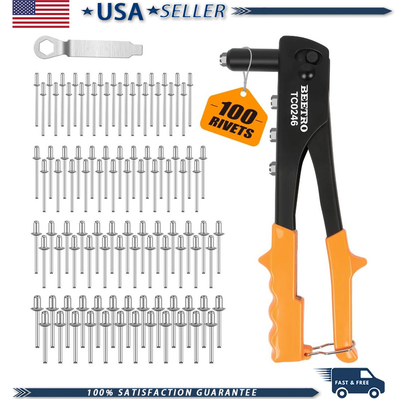 Heavy Duty Hand Riveter 4 Nosepieces and 100pcs Rivets 3/32-1/8-5/32-3/16