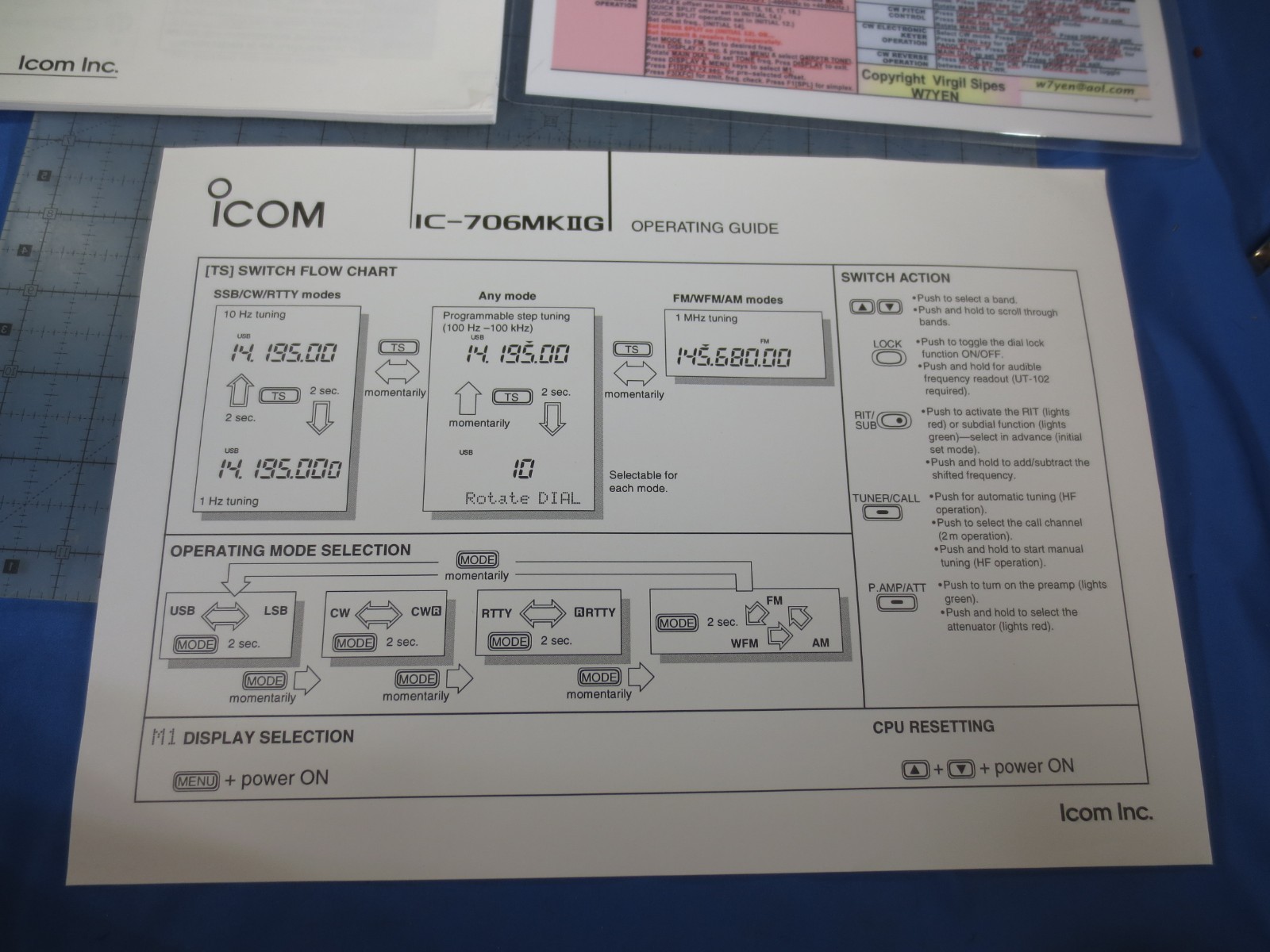ICOM IC-706MKIIG Instruction Manual & Operation Guide & W7YEN Sheet!