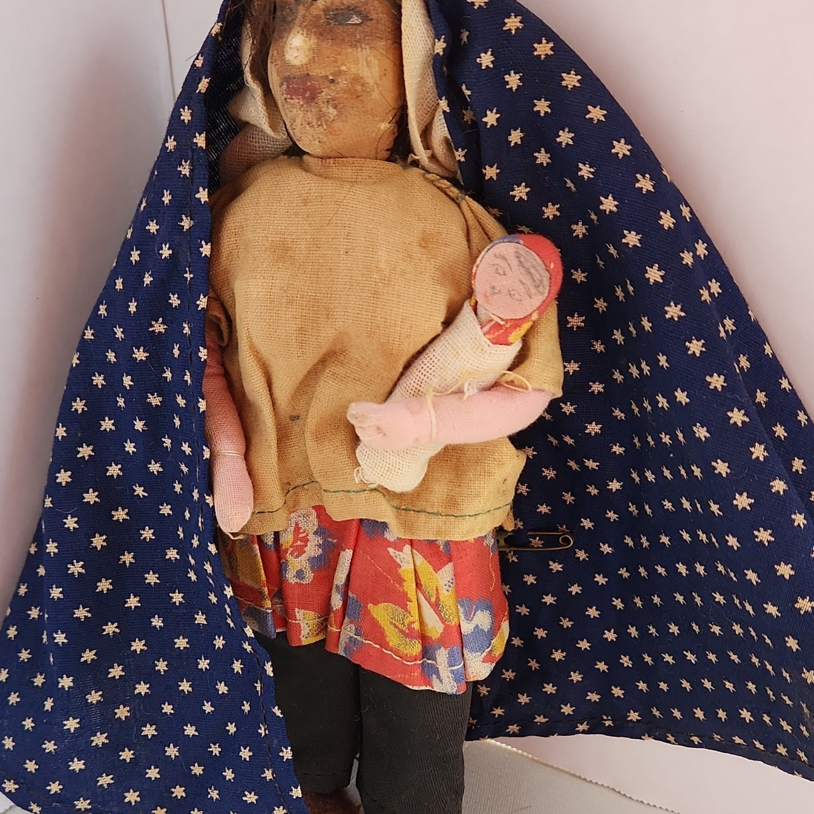 Handmade Peru or Russian Doll with Baby, Ethnic Clothing, Blue Shawl, Red Skirt