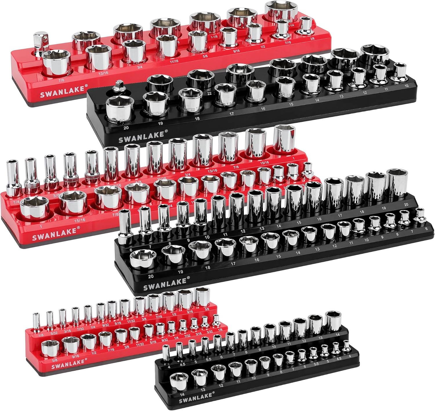 6-Piece Magnetic Socket Organizer Set, Metric & SAE Drive Socket Holder, Include
