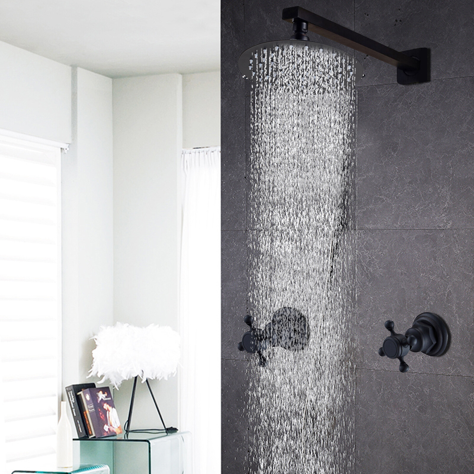 Shower Faucet Set Rainfall Shower Head Combo System Wall Mount w/Mixer Valve Kit