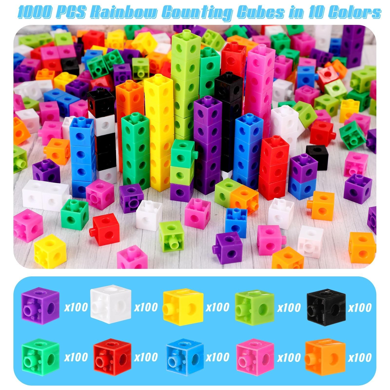 Jenaai 1000 Pieces Linking Counting Cubes, Plastic Counting Blocks, Colorful ...