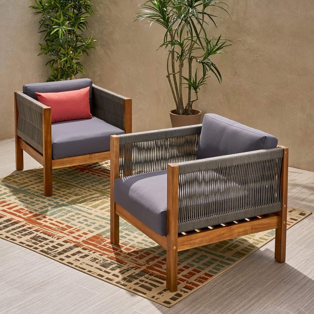 2 Outdoor Patio Club Chairs Acacia Wood Rattan Weave w/ Cushions