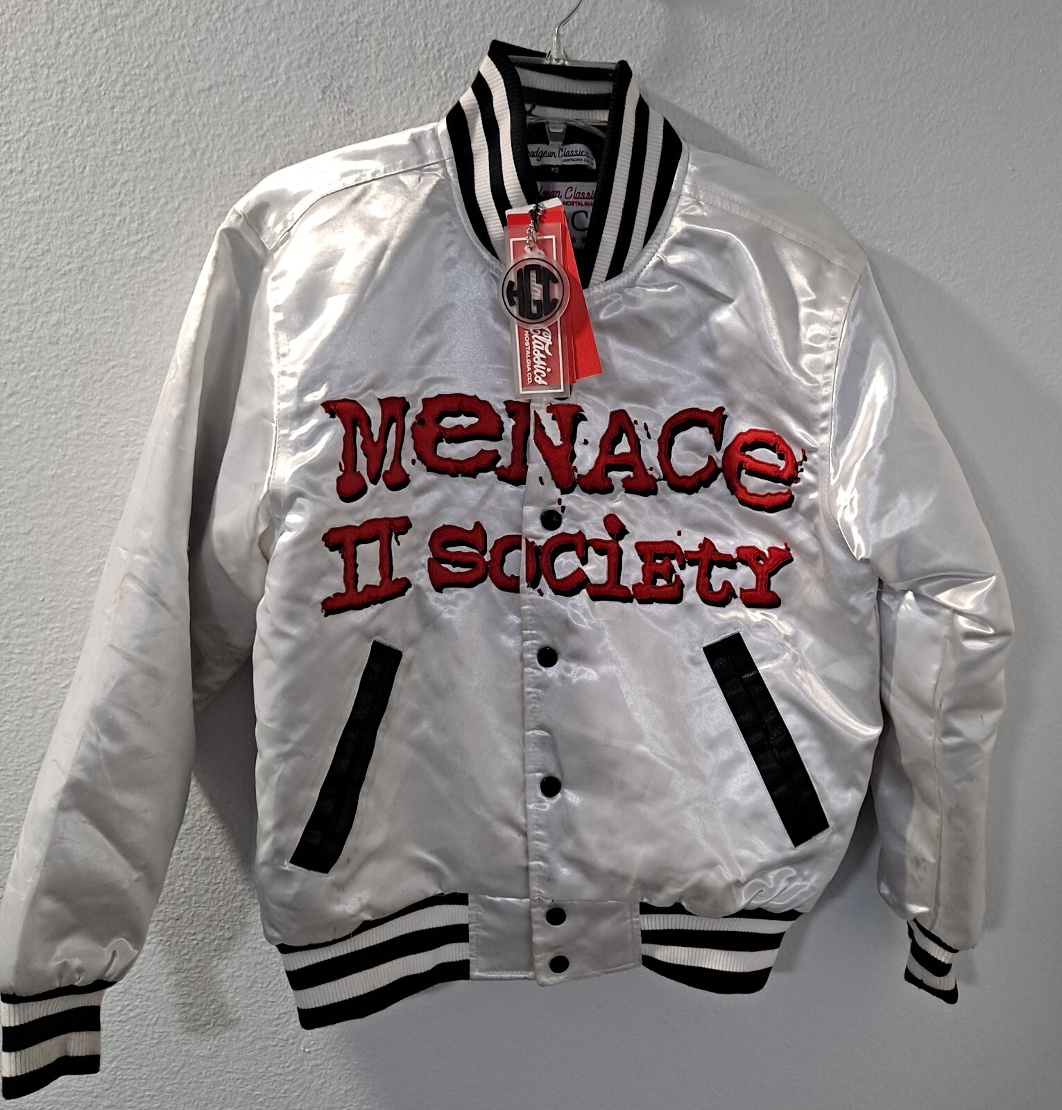 Headgear Classics Menace To Society White Satin Streetwear Jacket Size XS NWT