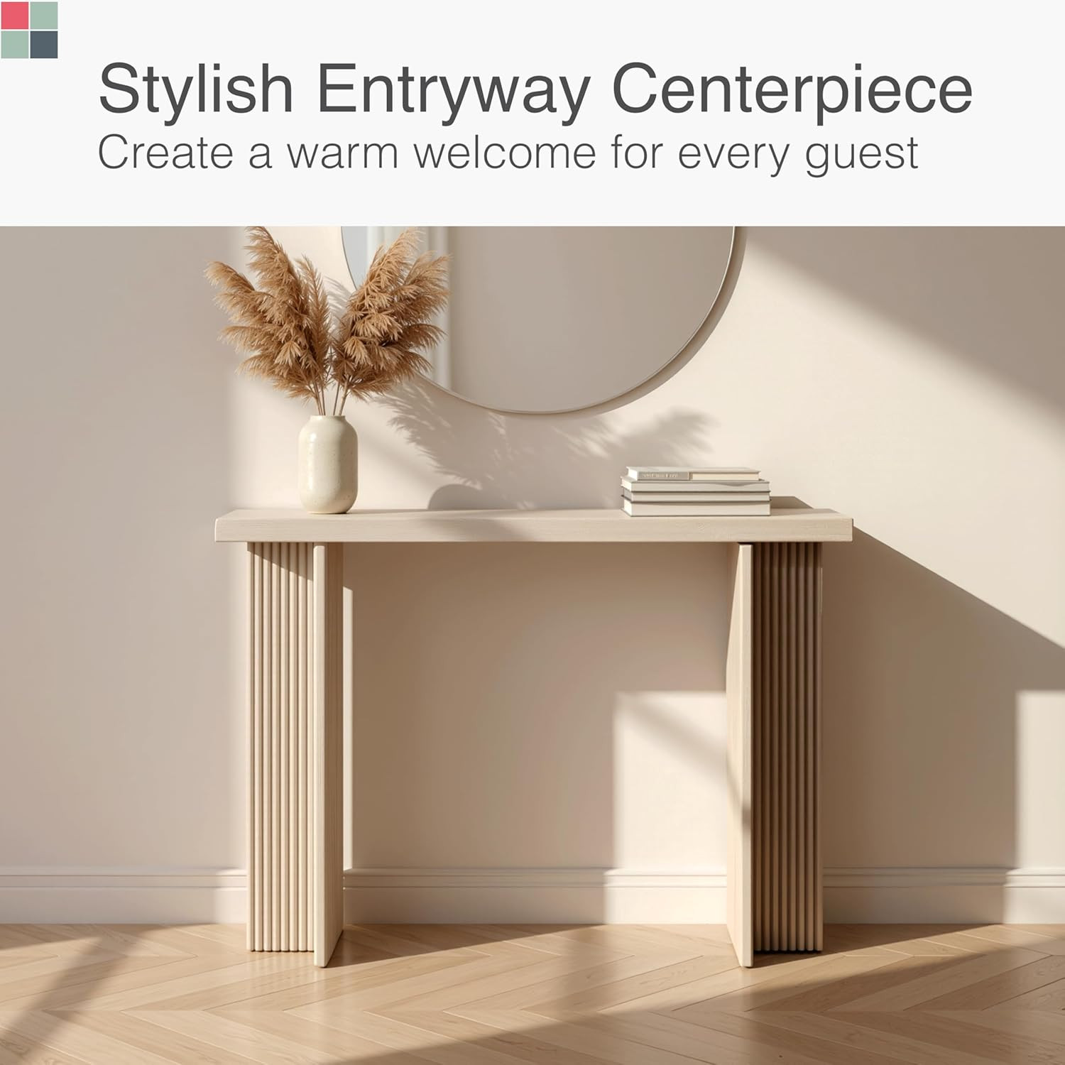 Fluted Console Table – Weathered White Solid Wood Entryway Table with Oak Grain