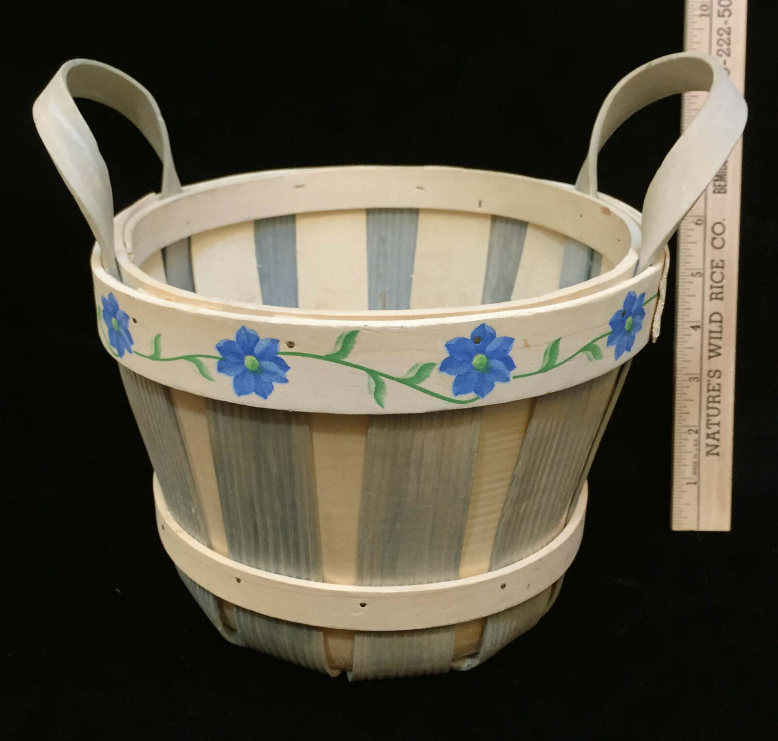 Basket Woven Wood Slats Painted Blue Flowers w/ Handles 9" Whitewash Ivory Color