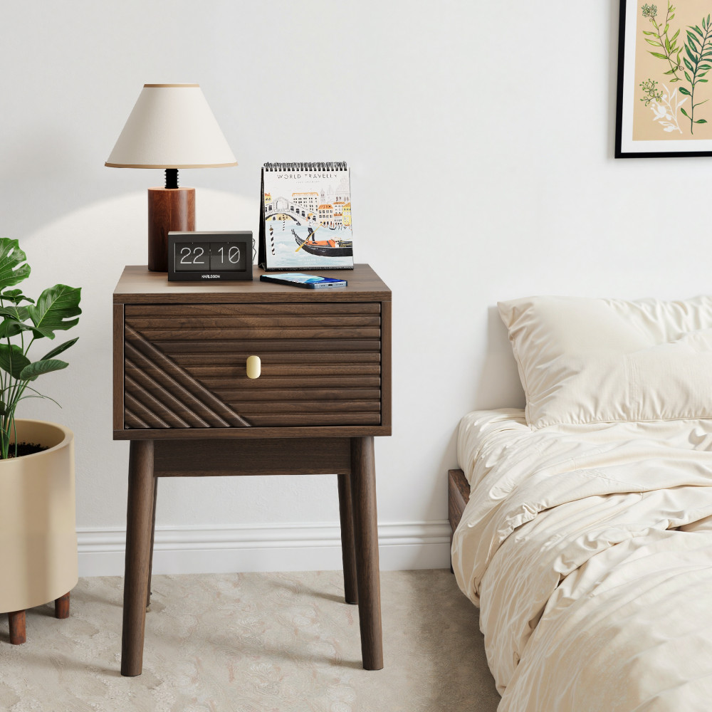 Medieval-Modern Style Walnut Bedside Table, Bedroom Bedside Table Metal Handles