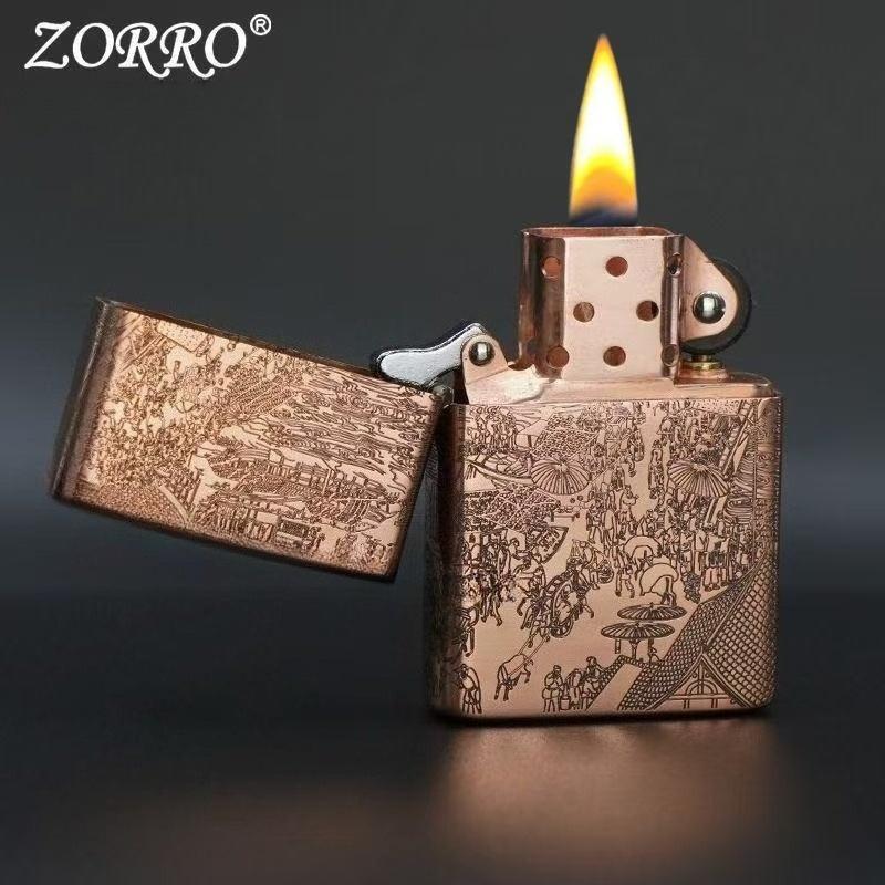 ZORRO Windproof Kerosene Lighter Purple Copper Body Custom Carved 5-sided Design