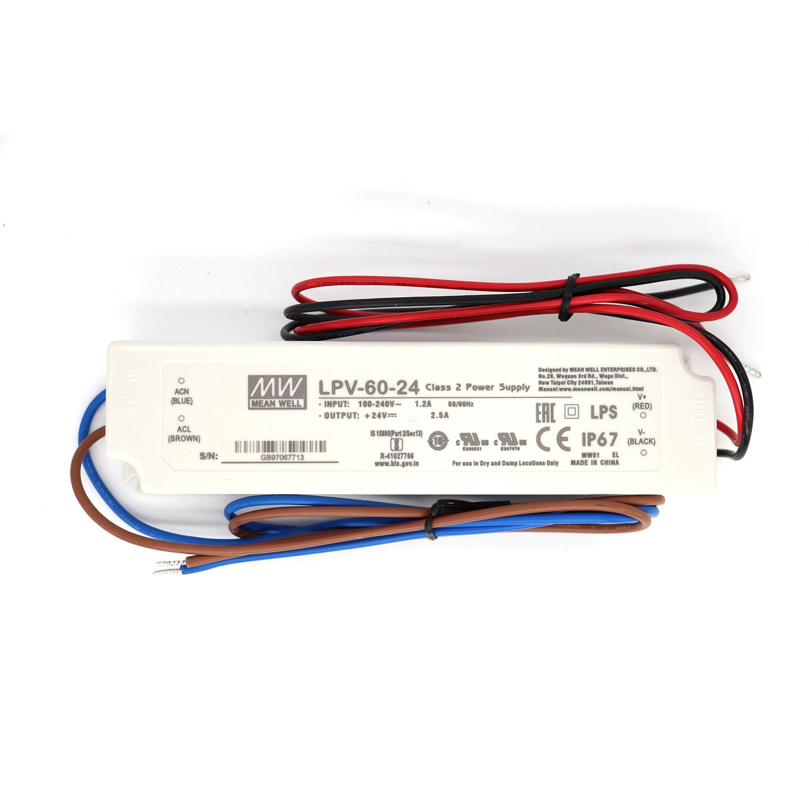MEAN WELL LPV-60-24 60Watts 2.5Amp 24VDC C.V LED Driver Single Output Waterpr...