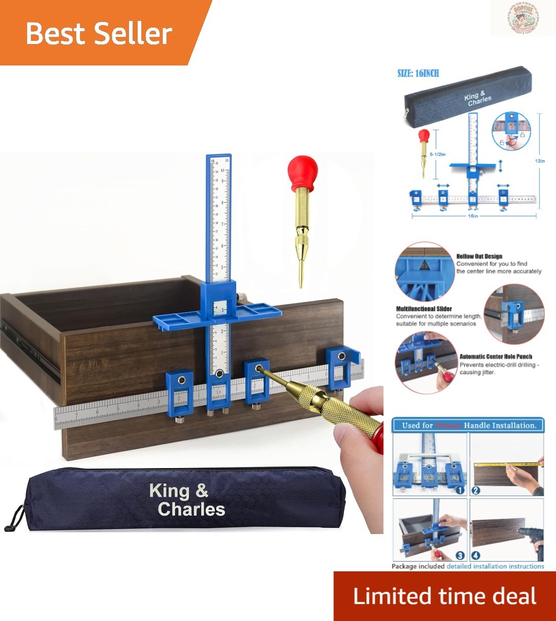 Portable 16-Inch Cabinet Hardware Jig with Automatic Center Punch & Drill Guides