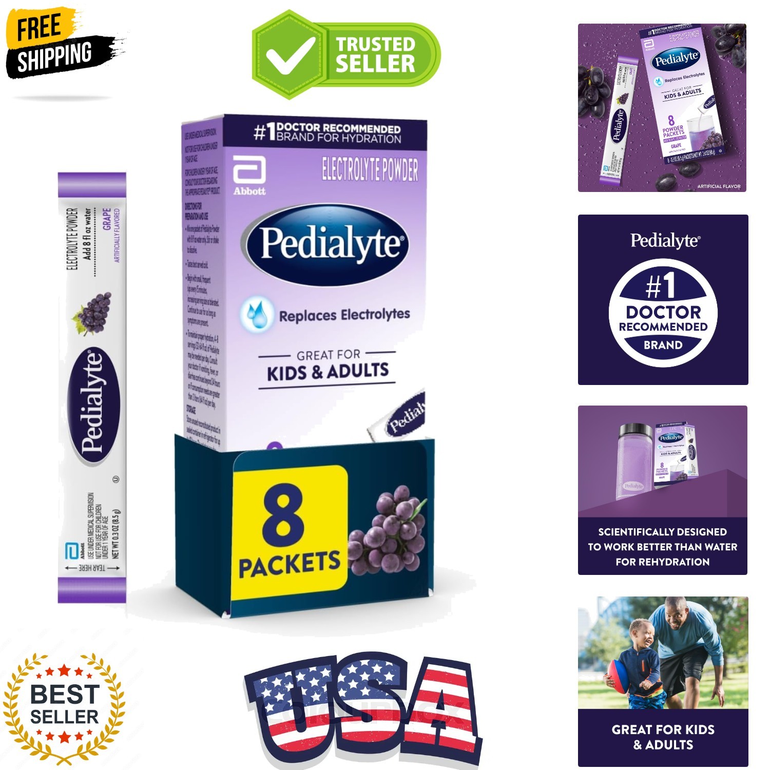 Electrolyte Powder, Hydration Drink for Kids & Adults, Grape, 8 Powder Packets