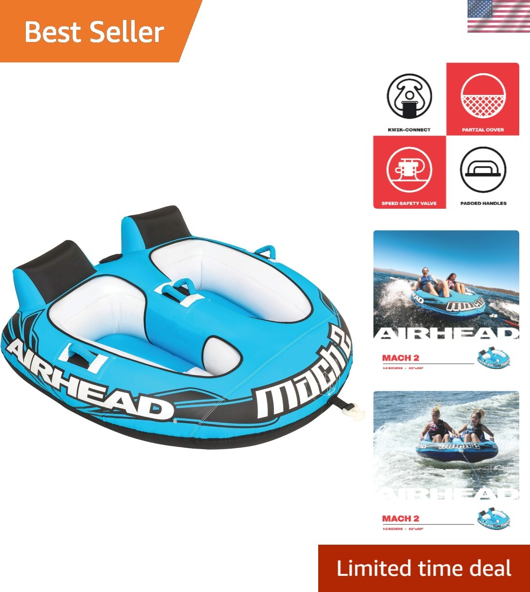 Durable 1-2-3 Rider Tube for Boating with Padded Handles - Water Sports Thrills