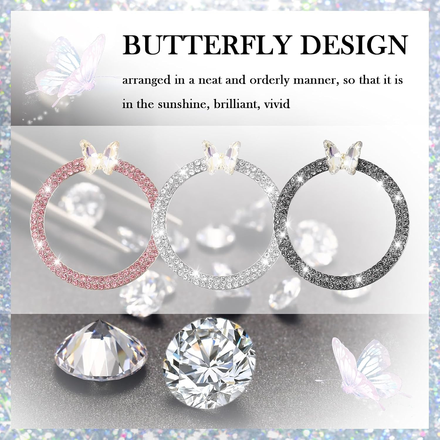 2PCS Car Engine Push Start Button Cover Decoration Ring,Bling Butterfly Push to