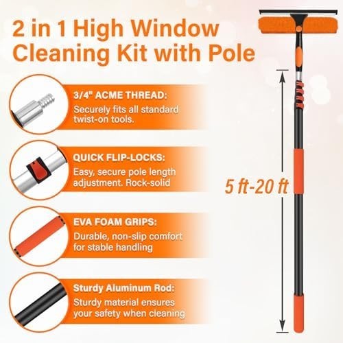 26FT Telescoping Window Cleaning Kit with 14" Squeegee - 2-in-1 Professional