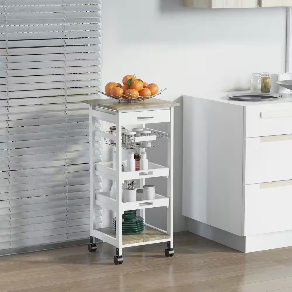 5-Tier Solid Wood 4-Wheeled Mobile Kitchen Cart with Storage, Wire Fruit Baskets