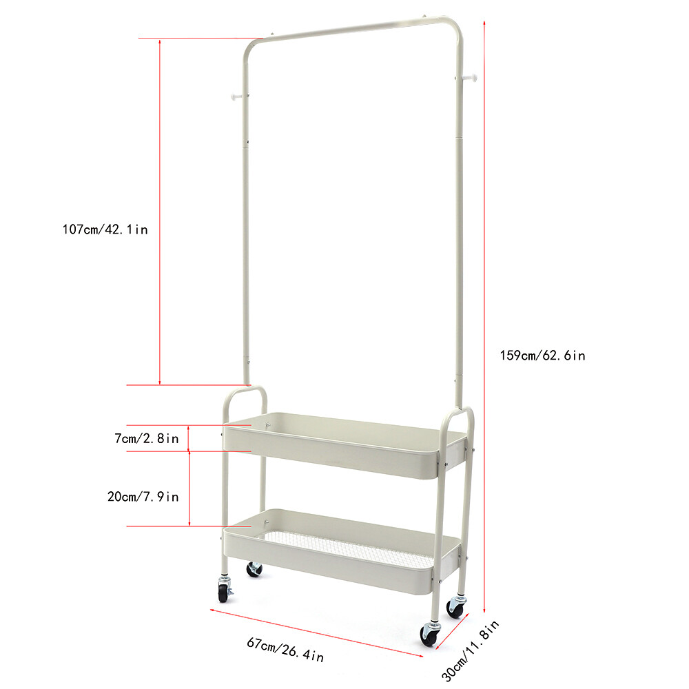 2-In 1 Garment Rack Clothing Rack With 2 Tier Metal Basket Rolling Storage Cart