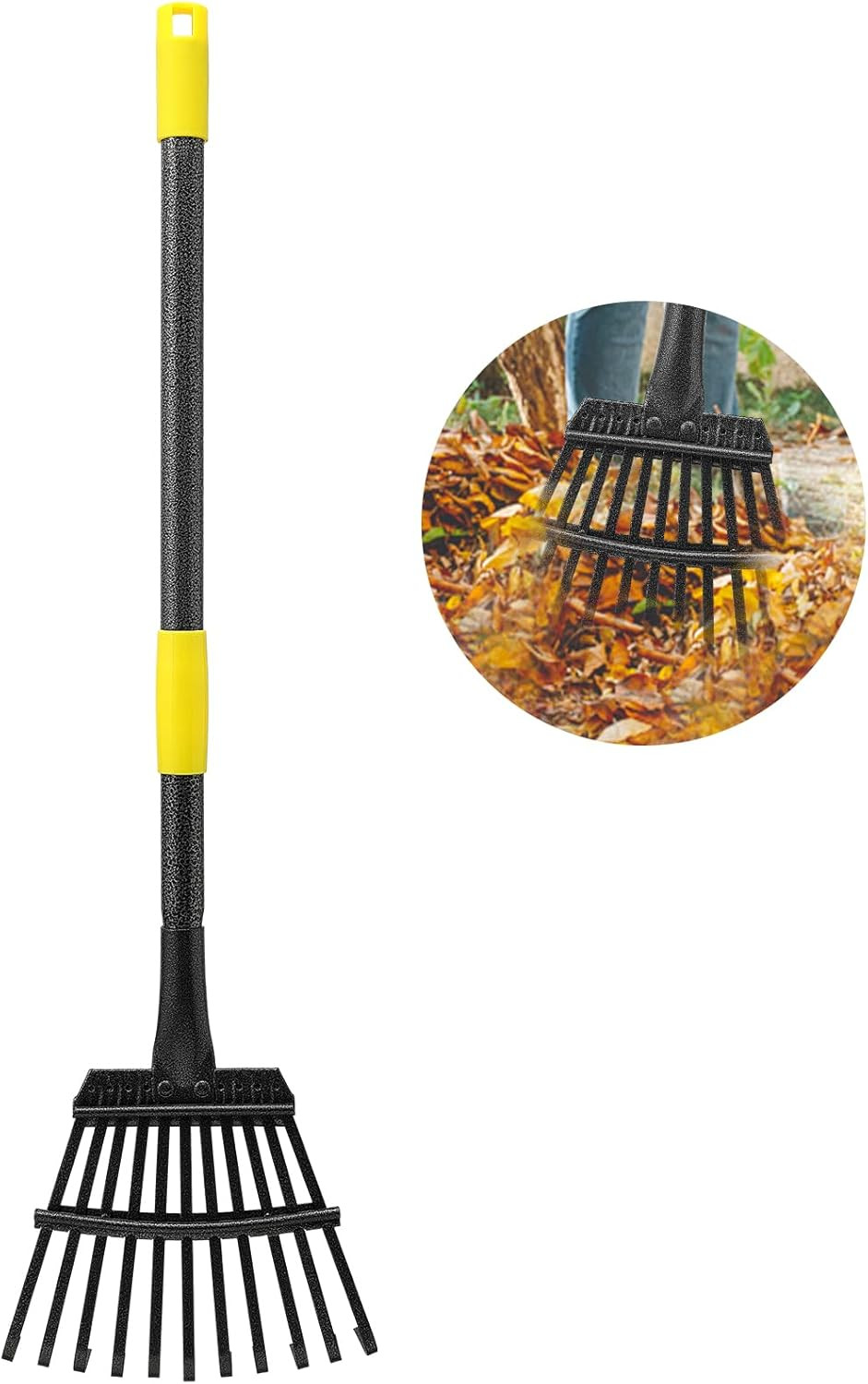 Leaf Rake for Gardening, Adjustable Metal Garden Rake for Leaves Long Handle 30-