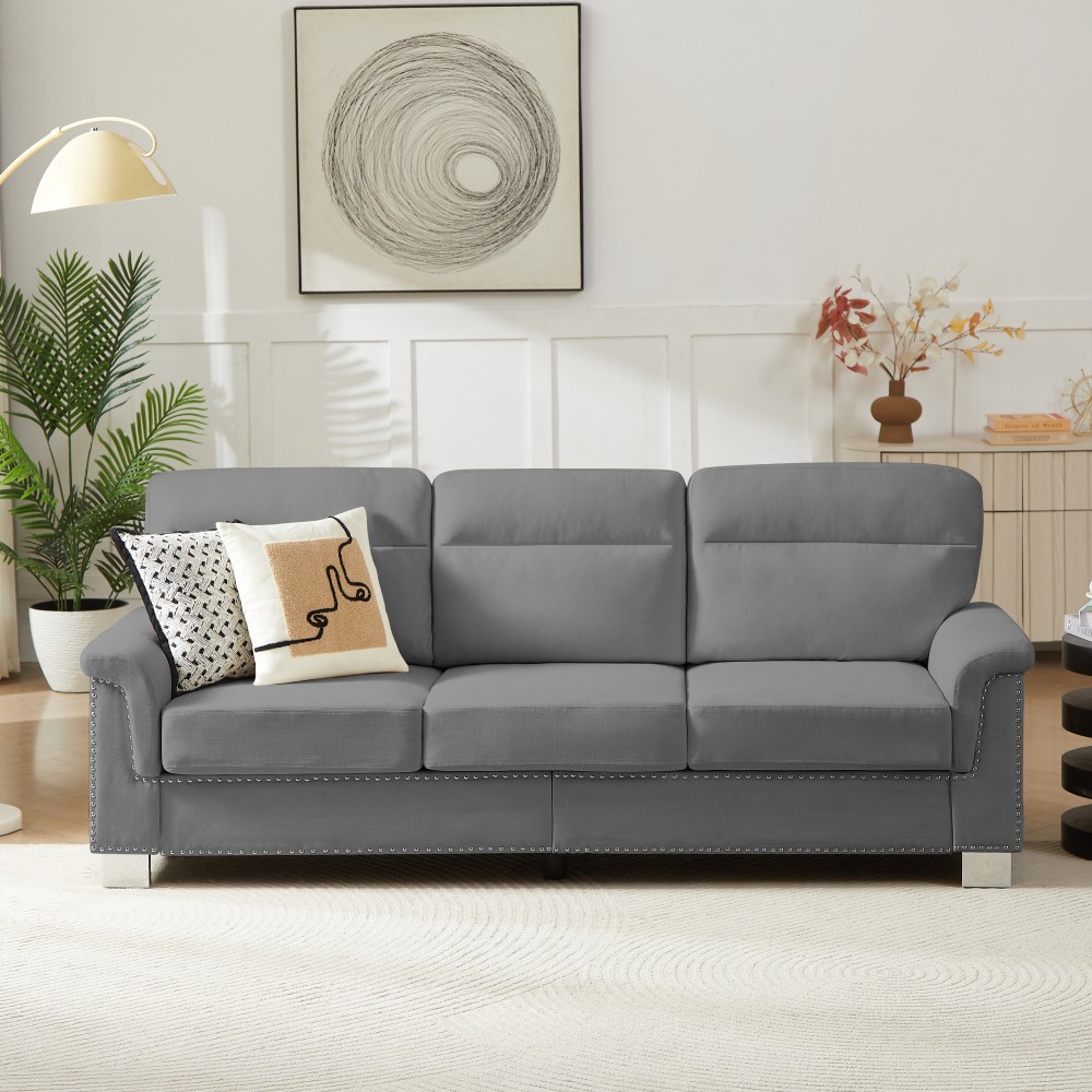 82" Modern Snowfleece Fabric 3-Seat Sofa w/ Rolled Arms for Living Room, Gray