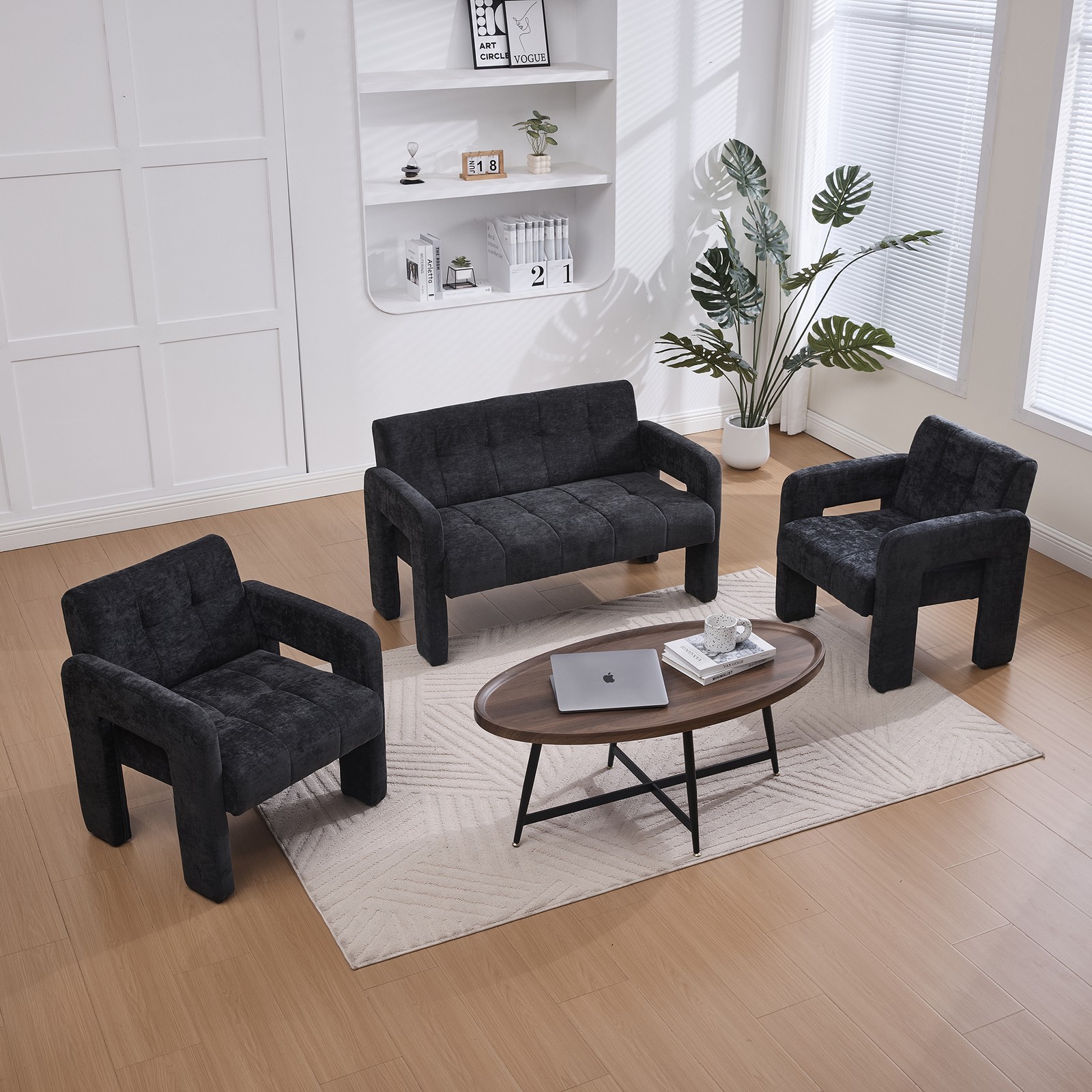 Nordic Modern Double Armchair Loveseat Sofa Chenille Black