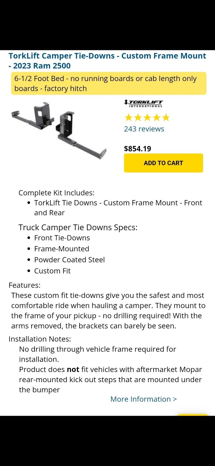 Torklift Front and Rear Custom Frame-Mounted Camper Tie-Downs for Ram D2140
