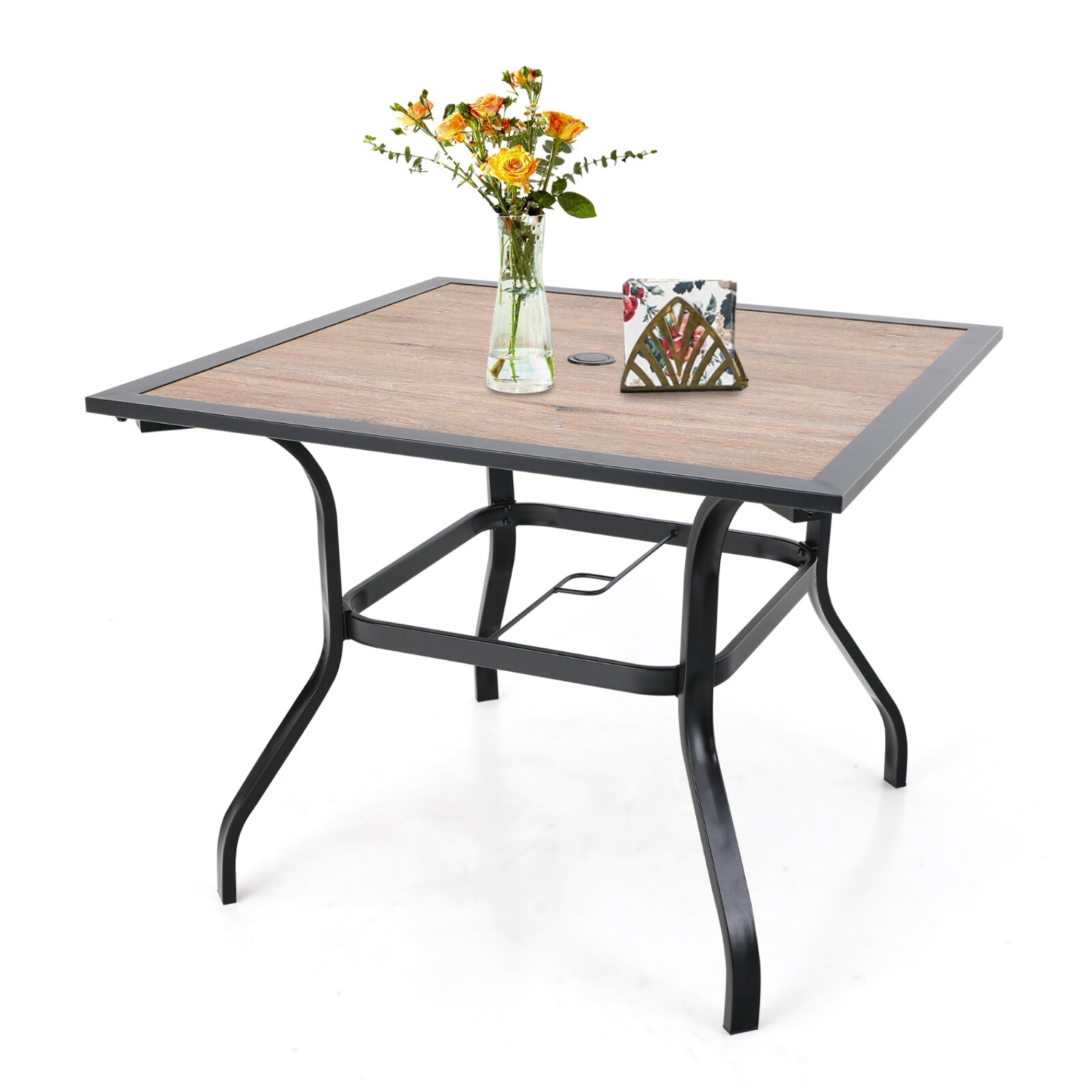 37'' Outdoor Patio Dining Table with Umbrella Hole Square Wooden Like Heavy Duty