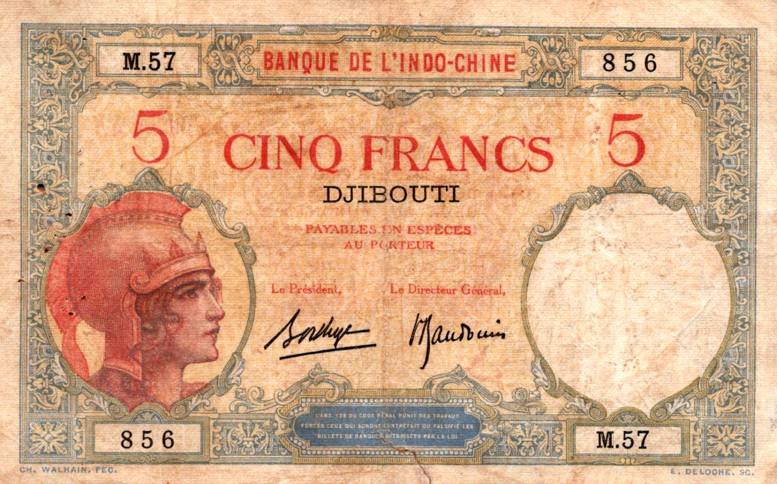 Djibouti 5 Francs 1926 - 1938 Pick # 6b FINE