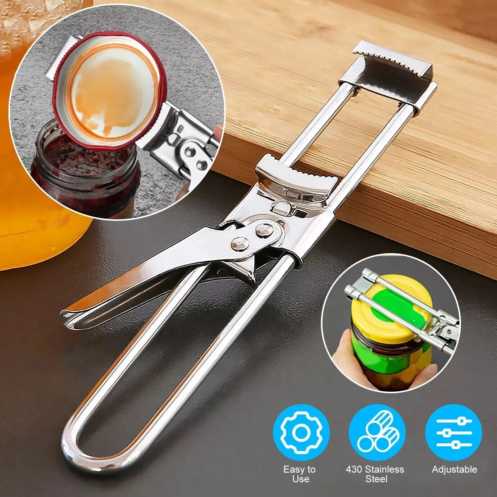 2Pcs Adjustable Jar Lid Opener Stainless Steel Non-slip Grip for Bottles and Can