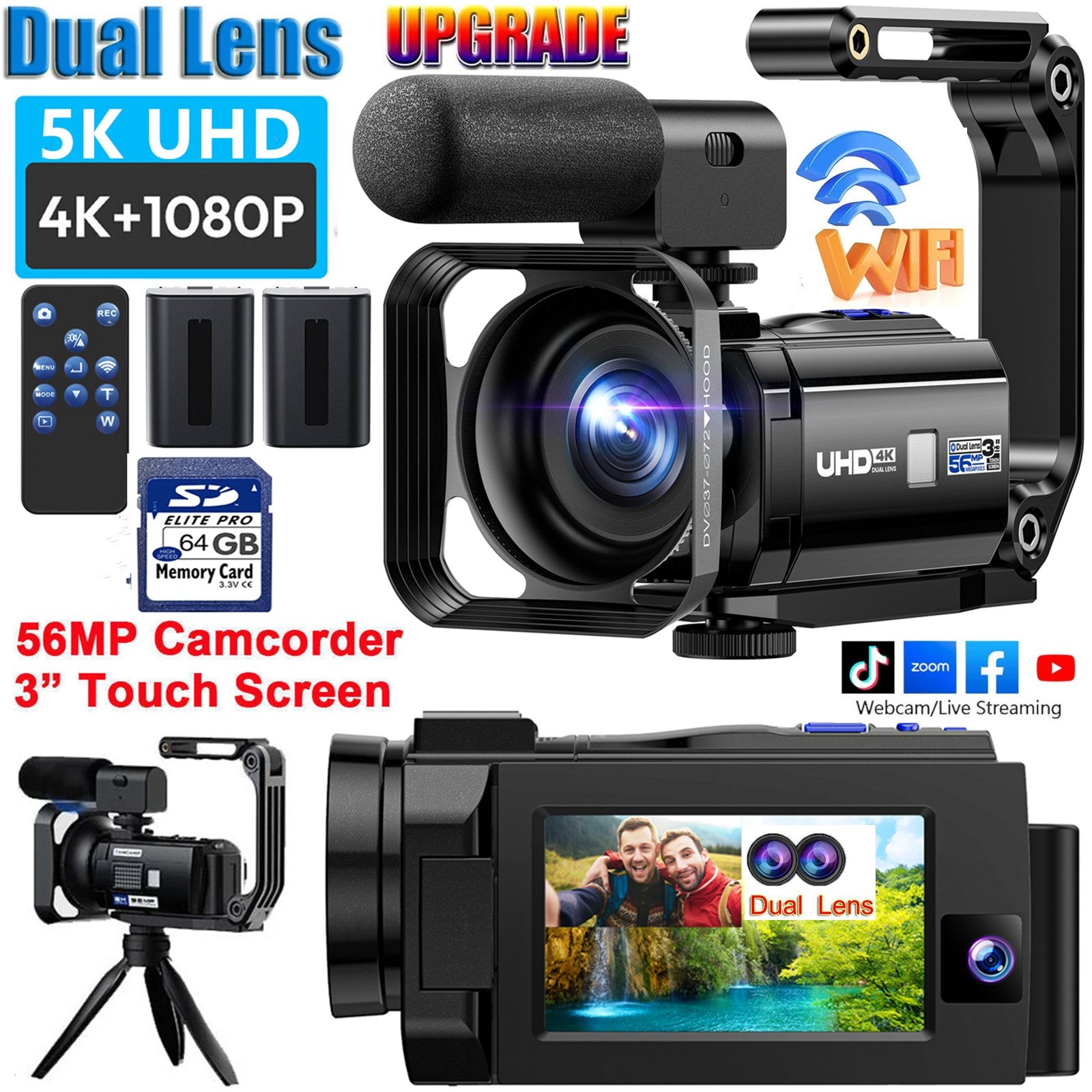 ✅5K Video Camera 56MP Dual Lens Camcorder WiFi IR Night Vision Vlogging Camera