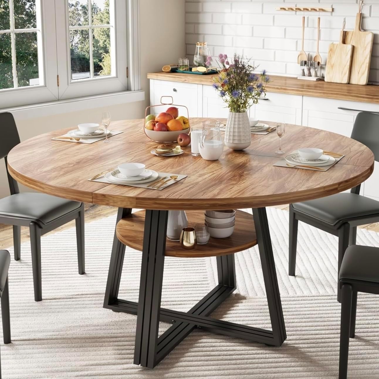 💎47-Inch Round Dining Table for 4-6, Space-Saving Industrial Furniture w/ Stora