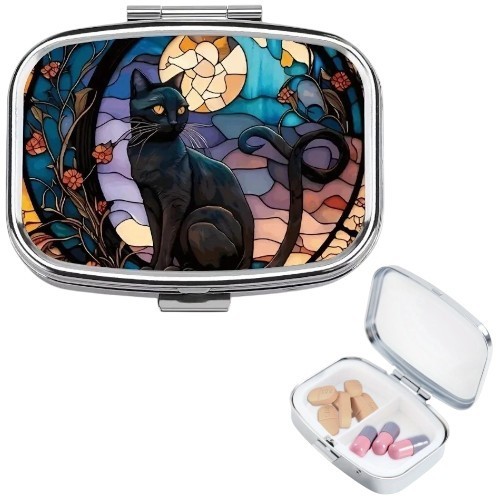 Black Cat & Floral Print Pill Case Portable 2 Compartment Small Size For Travel