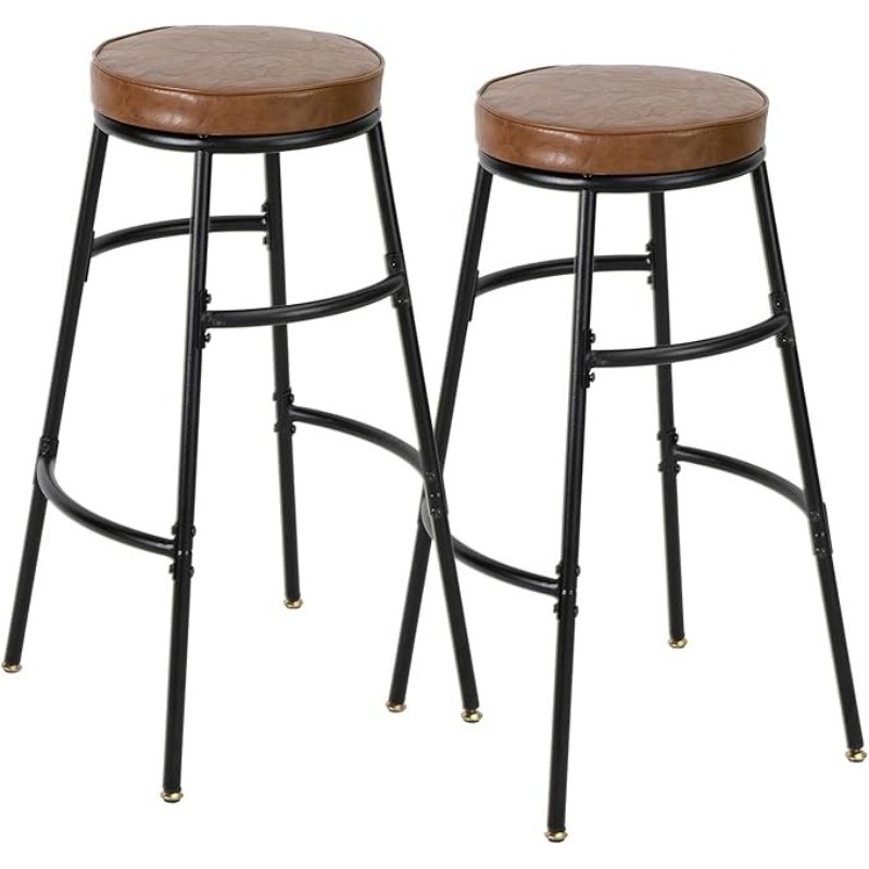 Set of 2 PU Leather Bar Stools Kitchen Round Bar Chairs with Footrest Adjustable