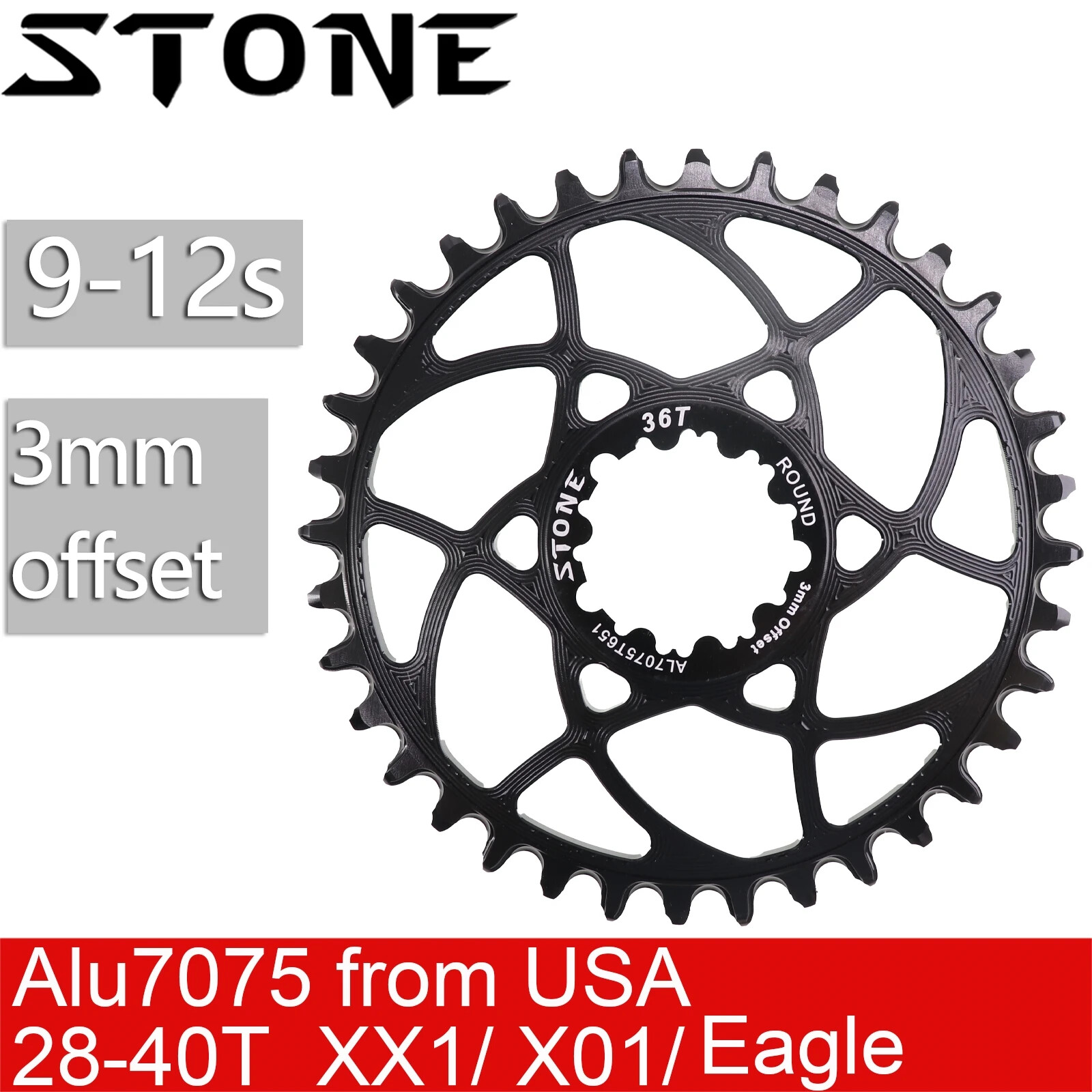 Stone Bike Chainring 3mm Offset Direct Mount Round for Sram X9 X0 XX1 28T to 40T