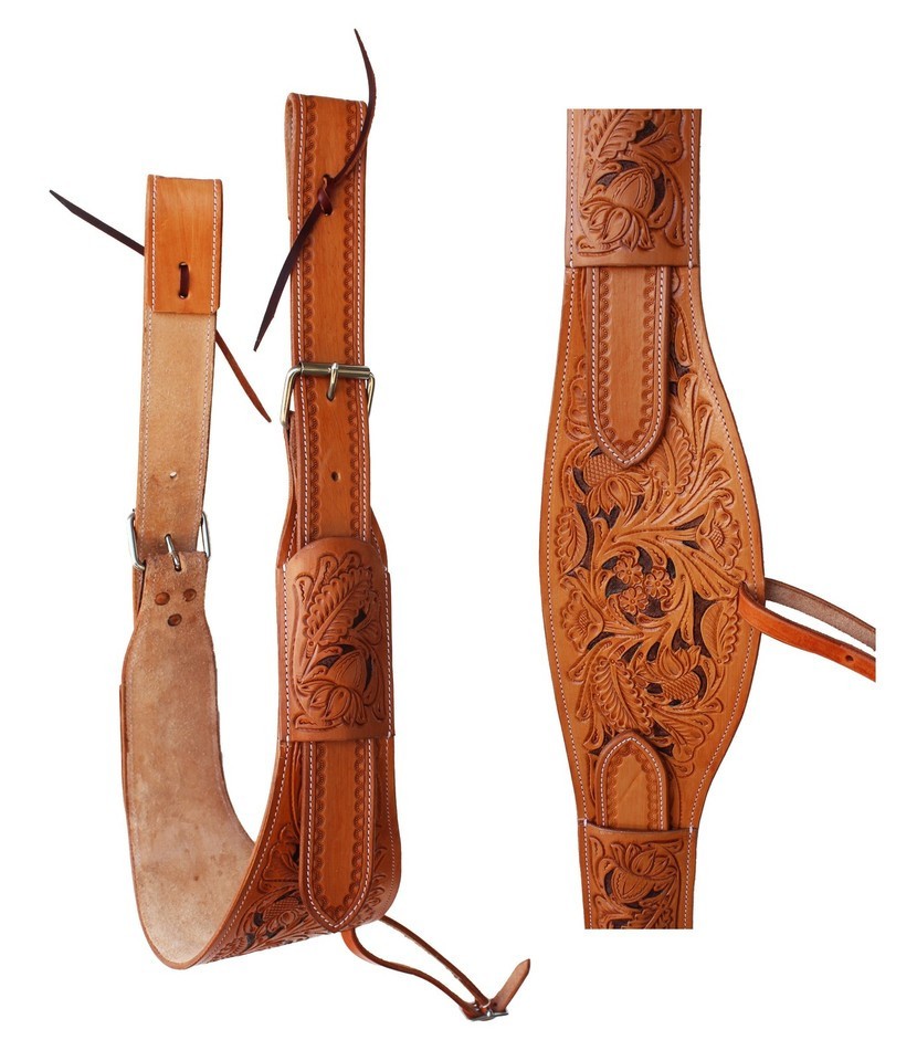 Horse Western Floral Tooled Leather Girth Rear Flank Saddle Cinch Billets