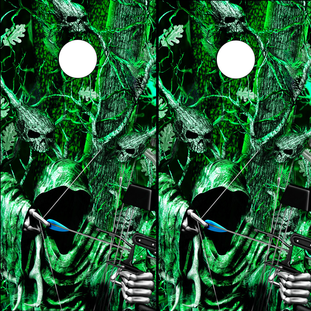 Cornhole Wraps Camo Grim Reaper Bow Hunting Emerald Green Blaze Camo 2 Decals