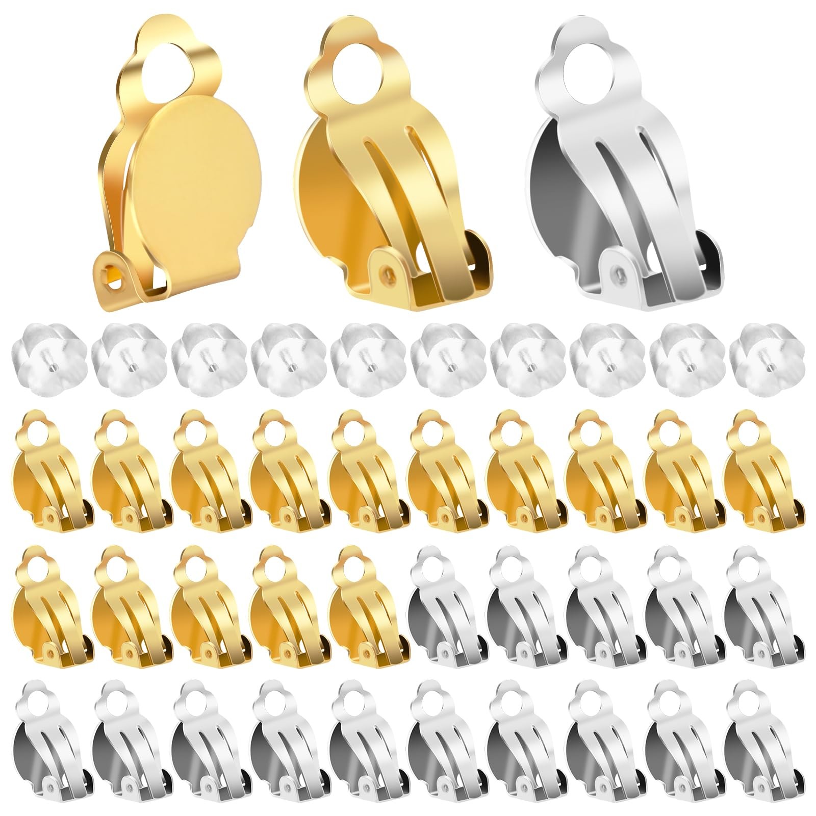 60Pcs Clip On Earring Backs For Jewelry Making Round Flat Back Tray Earring C...