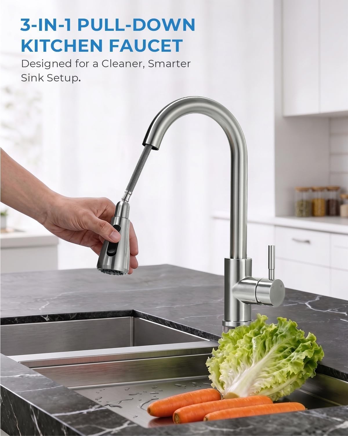 Lead-Free Kitchen Faucet with Pull Down Sprayer & 3 Spray Modes - Brushed Nickel