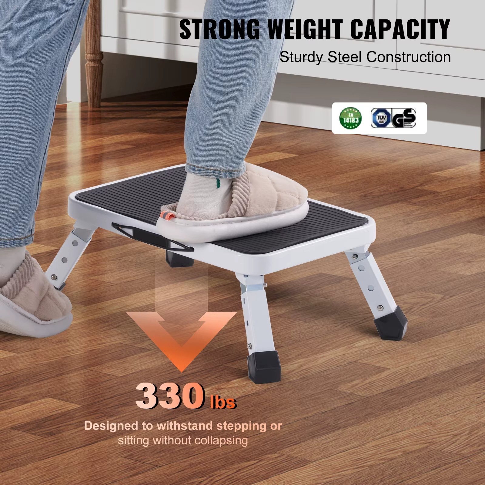 Step Stool 1 Step 330lb Capacity Adjustable Height Non Slip Foldable for
