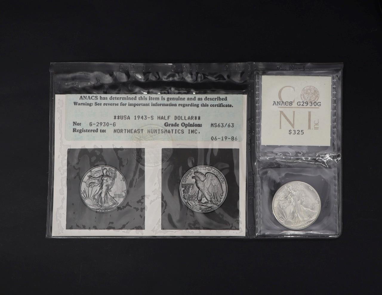 1943-S Walking Liberty Half Dollar Old ANACS Photo Certificate MS63/63