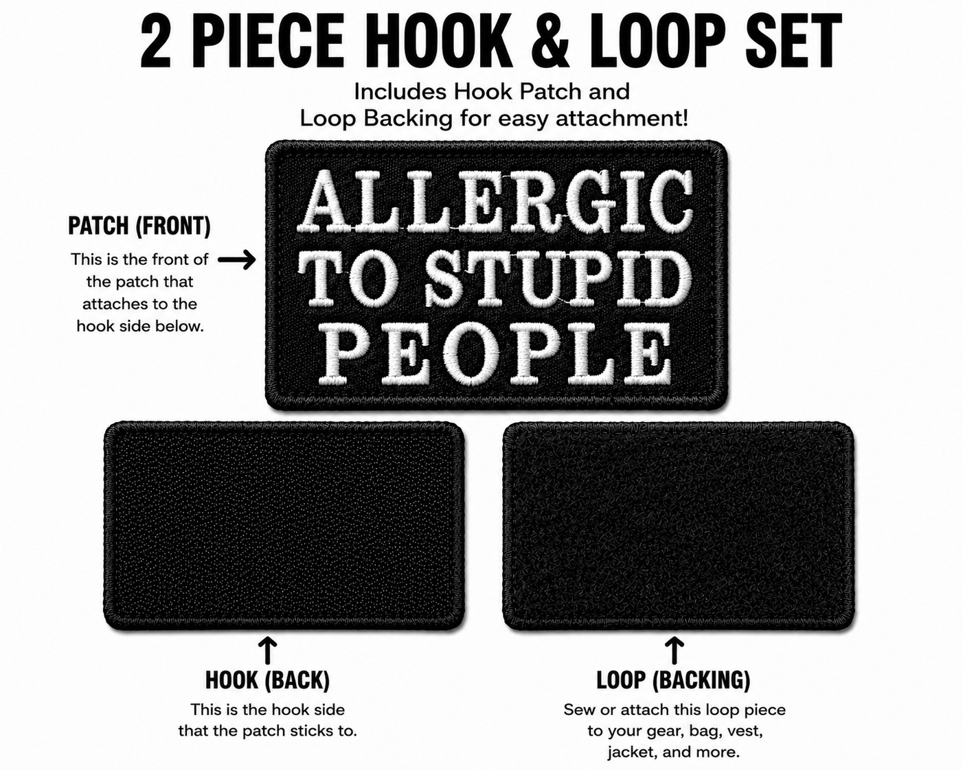 Funny Sarcastic Tactical Morale Patch Allergic to Stupid People Hook & Loop 3x2
