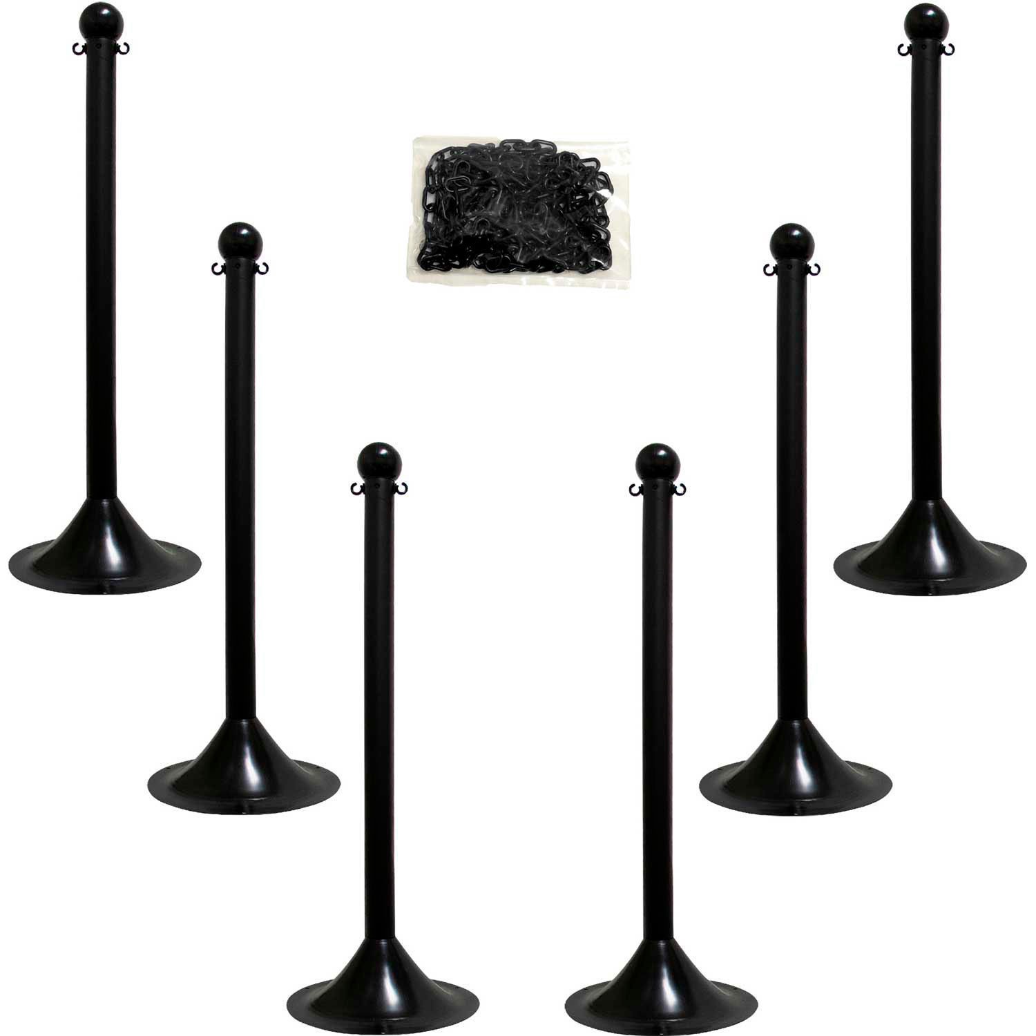 Plastic Stanchion Kit 6 Stanchions 50'L Chain 2" Pole 14" Base 41" Height Black