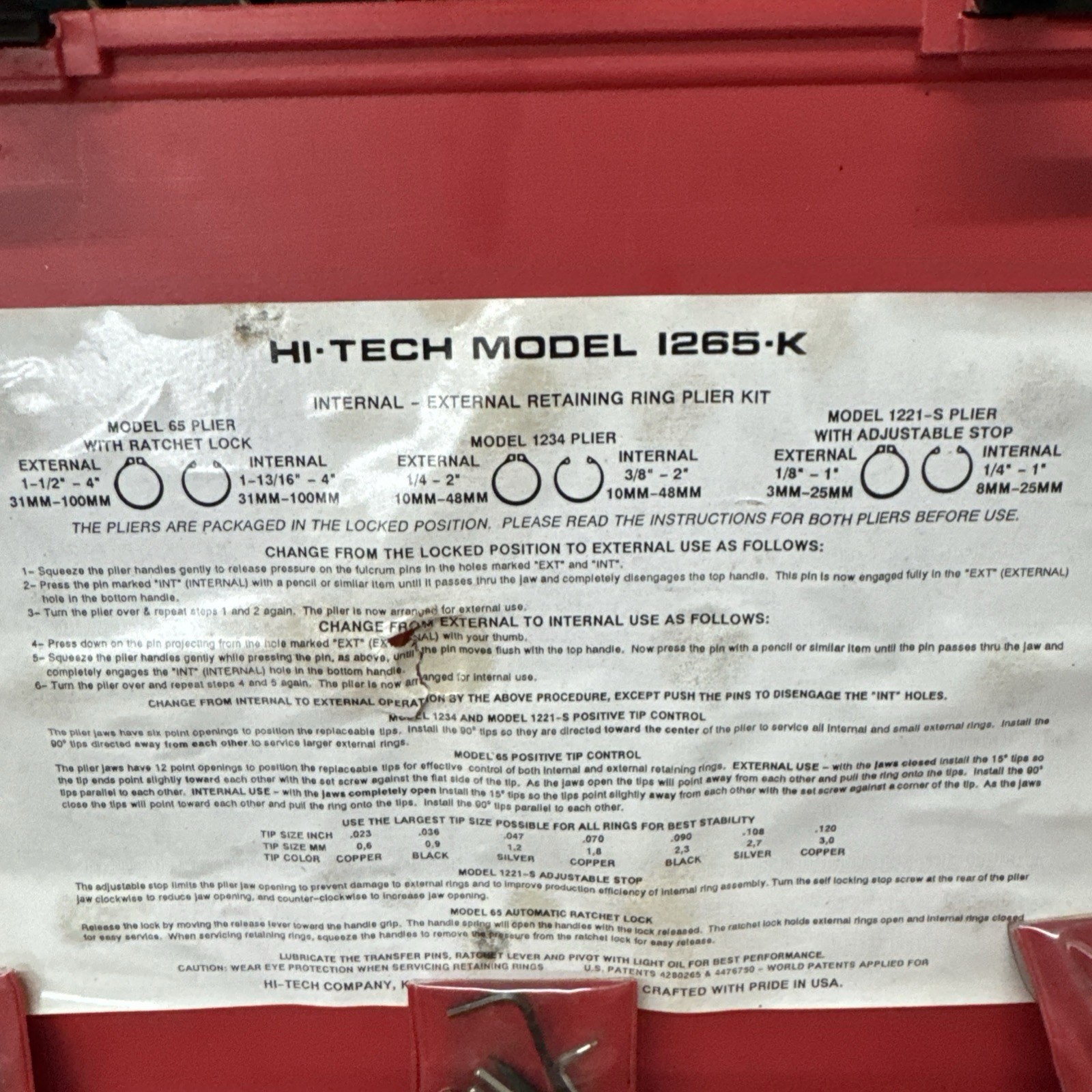 Hi-Tech USA Model 1265-K Snap Ring Adjustable Reversible Pliers Kit w/ Tips USED