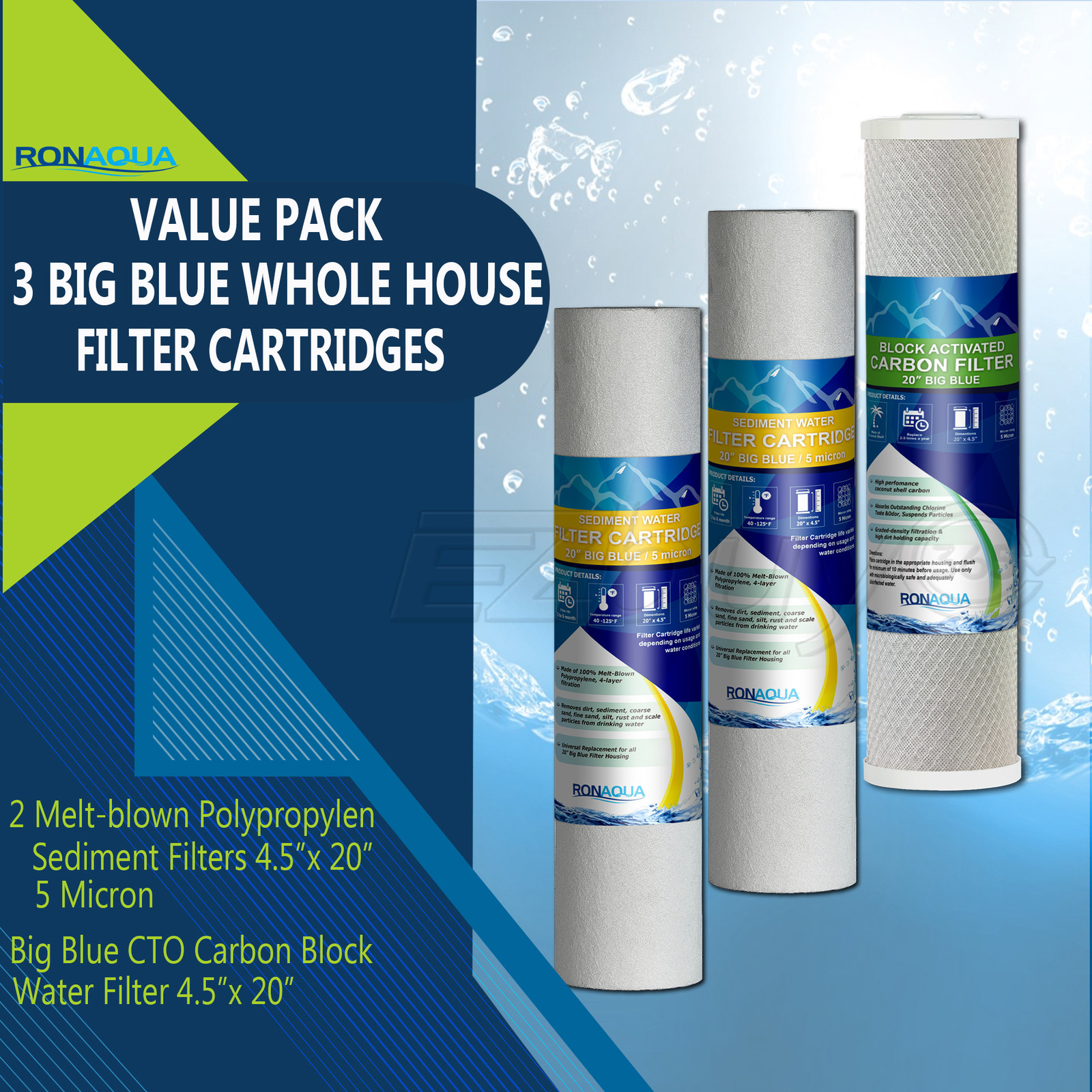 Big Blue CTO Carbon Block & 2 Sediment Water Filters 4.5" x 20" Cartridges Set