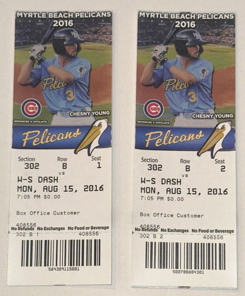 Iowa Cubs Myrtle Beach Pelicans Chesny Young Photo MiLB Ticket Stub 8/15/2016