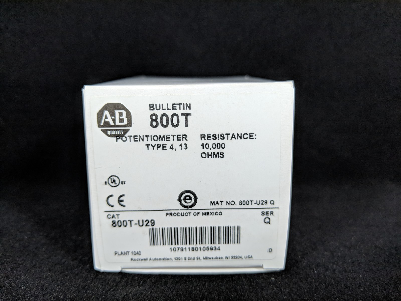 ALLEN BRADLEY 800T-U29 30.5mm Potentiometer Unit, 10 Kilohms Resistive Element